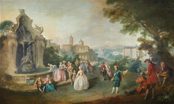 Elegant party near a well with a palace in the background - Abraham Ignace Bolkman
