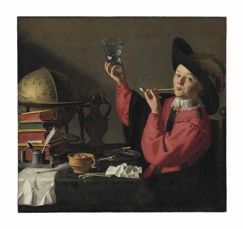 A gallant youth drinking and smoking at a table with a globe, books, and other objects - Aelbert van der Schoor