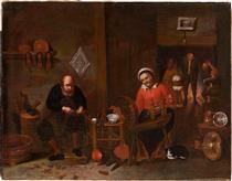Workshop with Shoemaker and Woman at the Spinning Wheel - David Rijckaert III