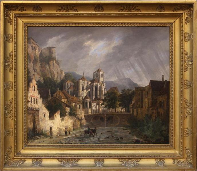 La citadelle, la collégiale et le Hoyoux (?) à Huy - Domenico Quaglio the Younger