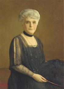 Portrait of a lady in a black dress with a feather fan - Franz Matsch