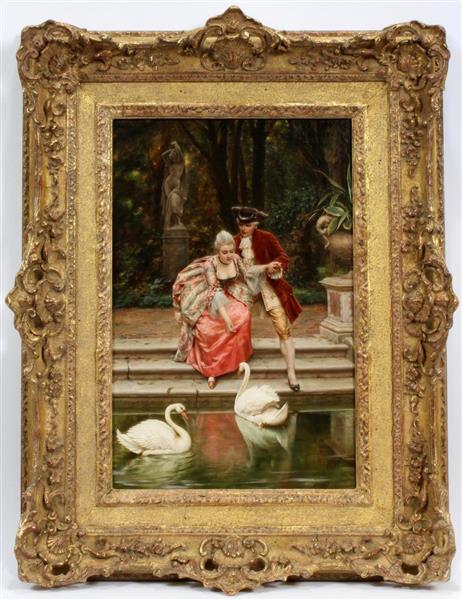 a courting couple feeding swans - Frederic Soulacroix