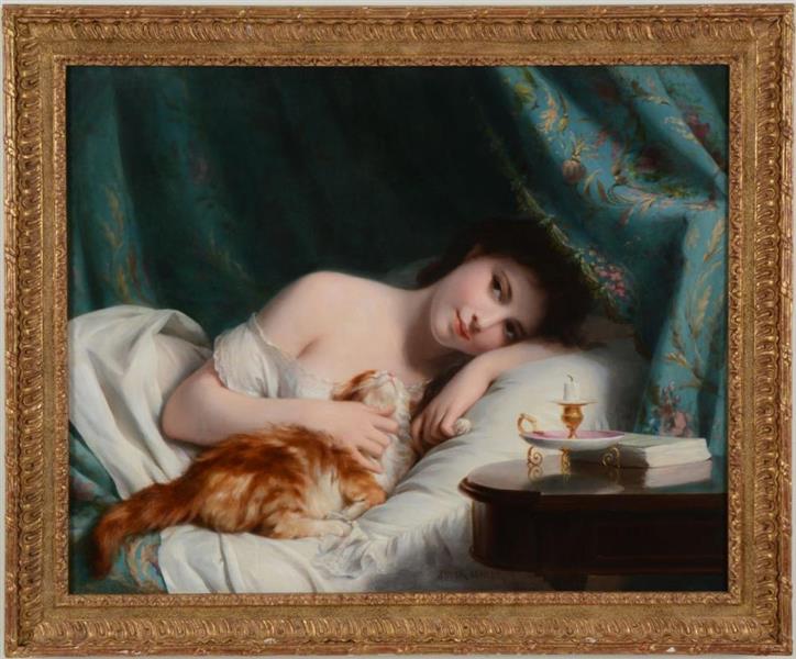 a reclining young woman caressing a cat - Fritz Zuber-Buhler
