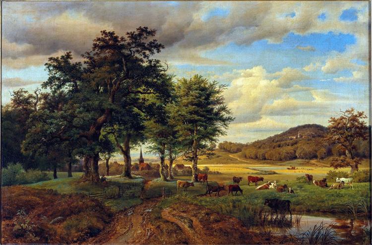 A Pasture Landscape with Cows, in the Background a Village - Georg Heinrich Crola