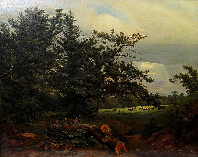 Waldlichtung mit Kuhhirten und großer Eiche in Abendstimmung - Georg Heinrich Crola