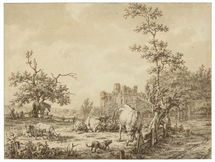 Cattle, sheep, a horse, a dog and figures, with Brederode Castl - Jacob Cats