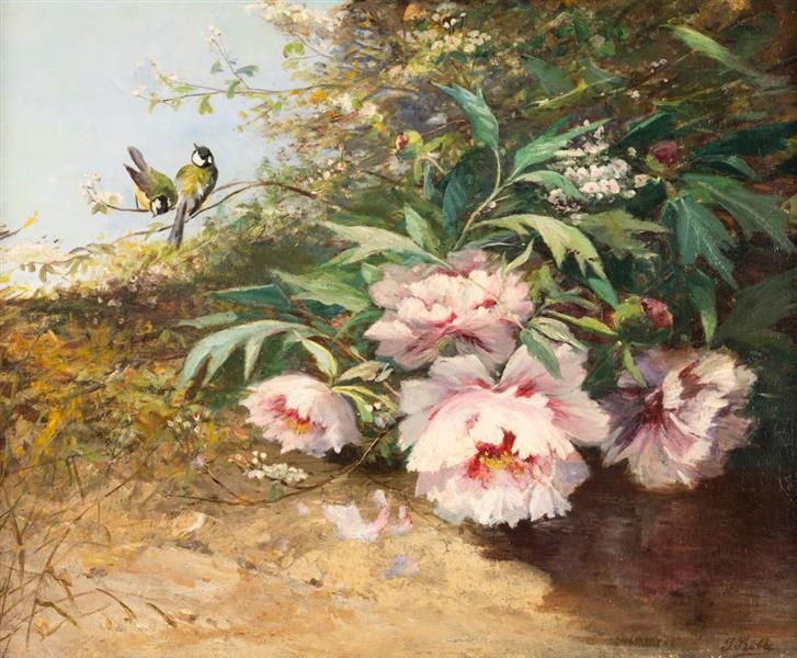 Large still life with peonies and two titmice - Jean-Baptiste Robie