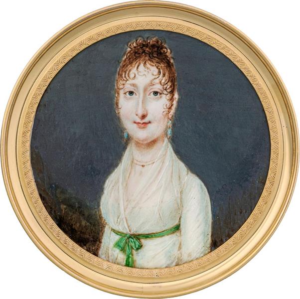 Portrait einer jungen Frau in weißem Mousselinkleid mit grünem Gürtelband - Jean Baptiste Soyer