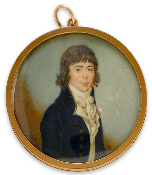 Portrait miniature of a dark-haired gentleman in a blue frock coat and scarf - Jean Baptiste Soyer
