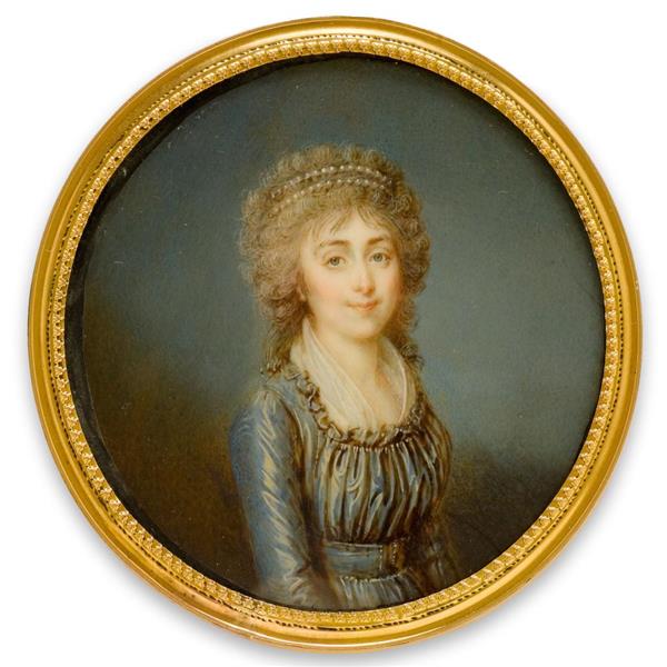 Portrait miniature of a lady with powdered curly hair and a headband with pearls, in a silk blue dress - Jean Baptiste Soyer