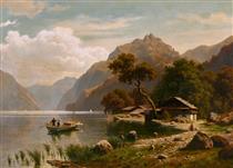 Seelandschaft mit Boot und Bergen - Johann Joseph Jansen