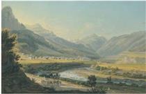 Vue du village de Zillis dans la vallée de Schams en venant de Via Mala cant. des Grisons - Johann Ludwig Bleuler