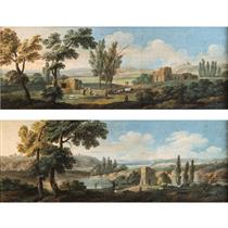 Landscape of the Roman countryside with fountain and Landscape of the Roman countryside with lake and colonists house - Paolo Anesi