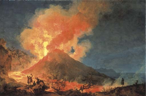 Vesuvius erupting at night seen from the Atrio del Cavallo, with elegant onlookers, a view of Portici and Capri beyond - Pierre-Jacques-Antoine Volaire
