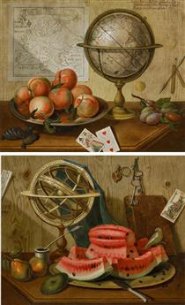 Trompe l'oeil with Globe, Fruit and Playing Cards; Trompe l'oeil with Fruit, Armillary Sphere and Key - Sebastiano Lazzari