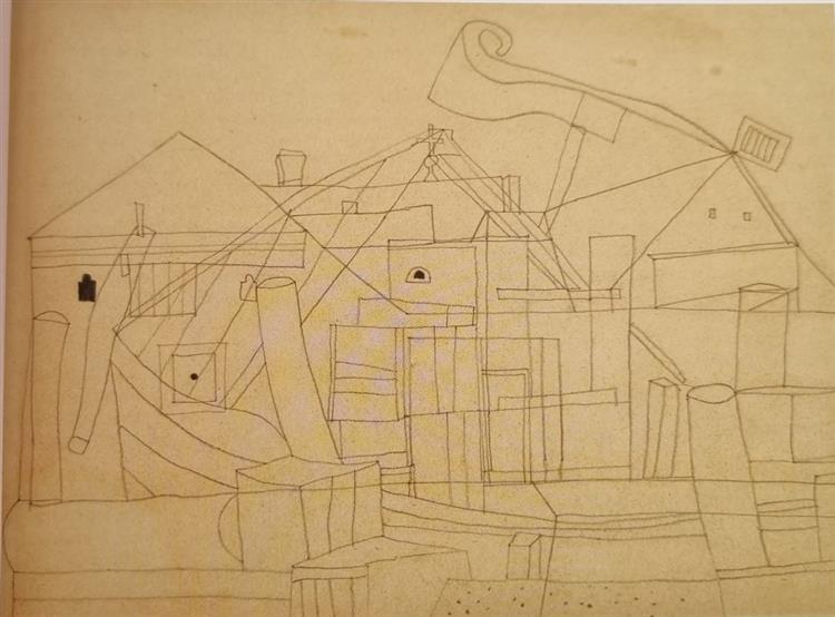 Vajda Lajos House with Ship 1936, Pencil on Paper, 23.3x30.5cm, 1936 - Лайош Вайда