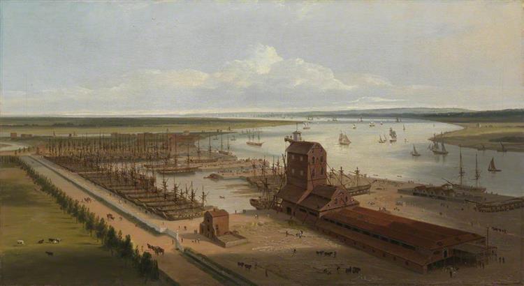 The Mast House and Brunswick Dock at Blackwall - William Daniell