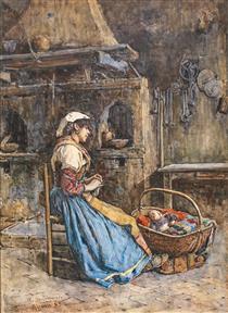 Roman woman and child in a kitchen interior - Publio de Tommasi
