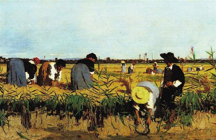 Rice harvesting in the lands of the lower Verona area, 1878 - Giacomo Favretto