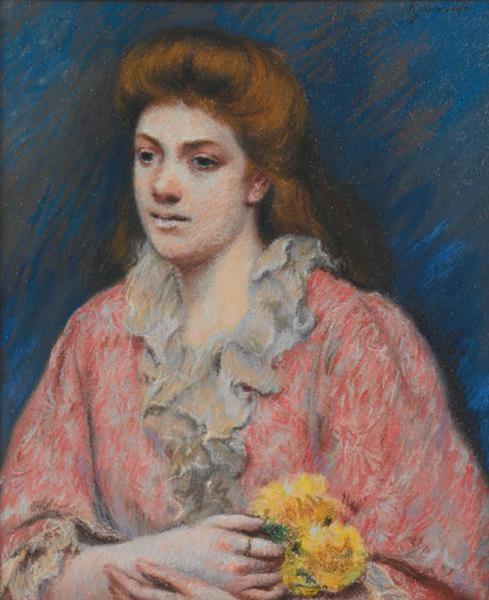 A woman in a house dress holding flowers, 1905 - Federico Zandomeneghi