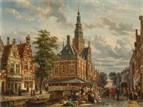 The market square and town hall of Bolsward in summer - Cornelis Springer