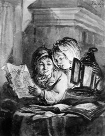 Boy and girl looking at drawings - Abraham van Strij