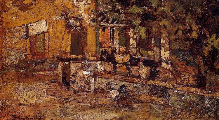 Farmyard with Donkeys and Roosters, c.1881 - Adolphe Monticelli