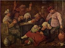 Inn with drunken peasants - Адріан Брауер