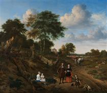 Portrait of a couple with two children and a nursemaid in a landscape - Адриан ван де Вельде