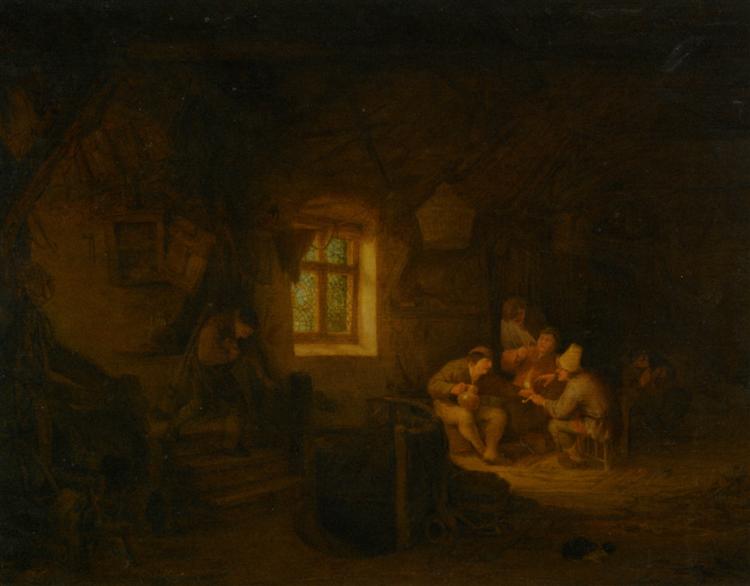 A Tavern Interior with Peasants Drinking Beneath a Window, 1653 - Адриан ван Остаде