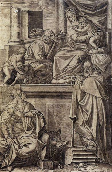 The Holy Family with Sts. Anthony Abbot, Catherine and the Infant St. John, 1582 - 阿戈斯蒂诺·卡拉齐