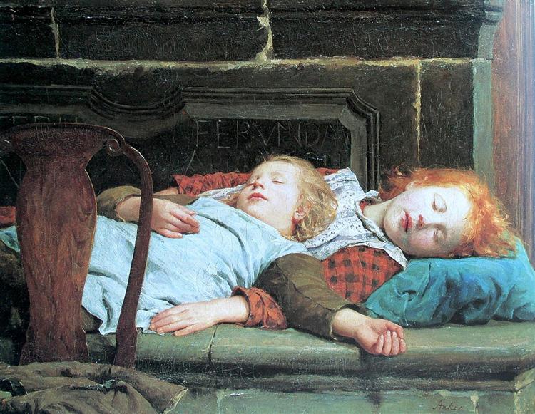 Two sleeping girls on the stove bench, 1895 - Albrecht Anker