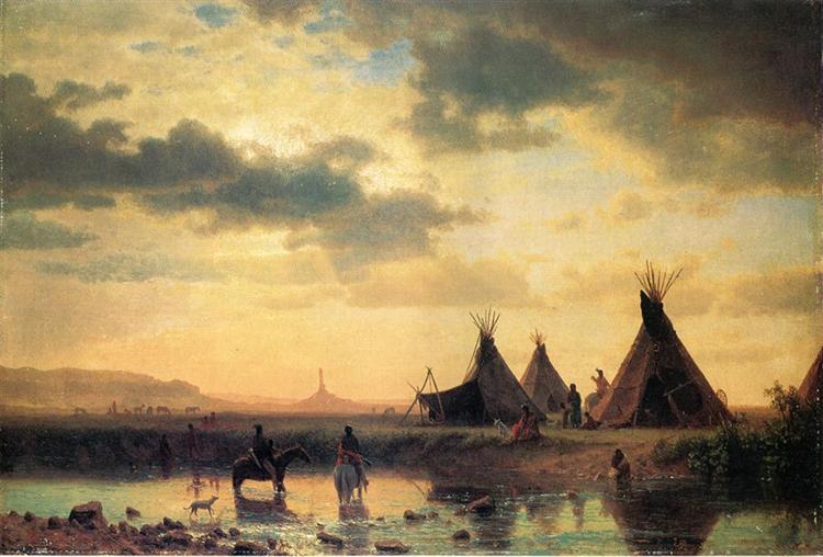 View of Chimney Rock, Ogalillalh Sioux Village in Foreground, c.1860 - 阿爾伯特·比爾施塔特