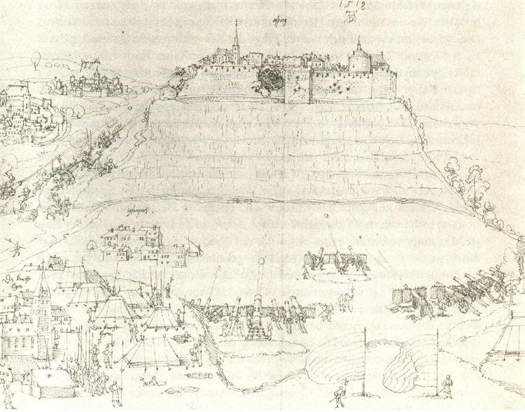 Hohenasperg siege by Georg von Frundsberg in war of Swabian federal versus Herzog Ulrich, 1519 - Albrecht Durer