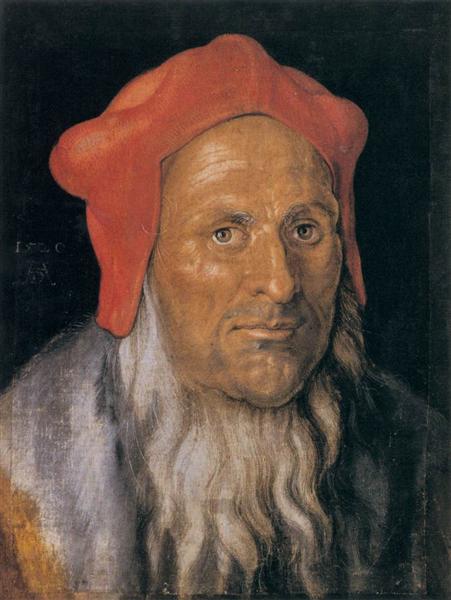 Портрет бородатого мужчины в красной шляпе, 1520 - Альбрехт Дюрер