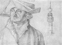 Portrait of Lazarus Ravensburger and the turrets of the court of Lier in Antwerp - Albrecht Dürer
