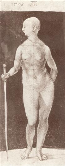 Standing female nude with baton in the right - Alberto Durero