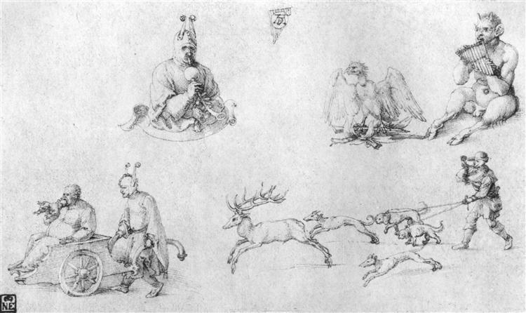 Study sheet with fools, Faun, Phoenix and Deer Hunting, 1515 - Альбрехт Дюрер