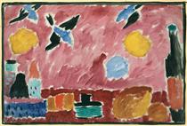 Still Life with Bottle, Bread and red Wallpaper with Swallows - Alexej von Jawlensky