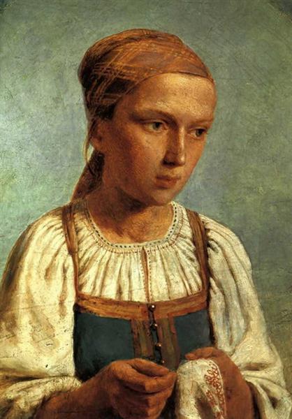 A Peasant Girl with  Embroidery, 1843 - Алексей Венецианов
