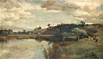 River Scene with a Shepherd and Sheep by a Ferry - Alfred Parsons