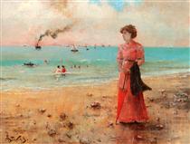 Young woman with the red umbrella by the sea - Альфред Стевенс