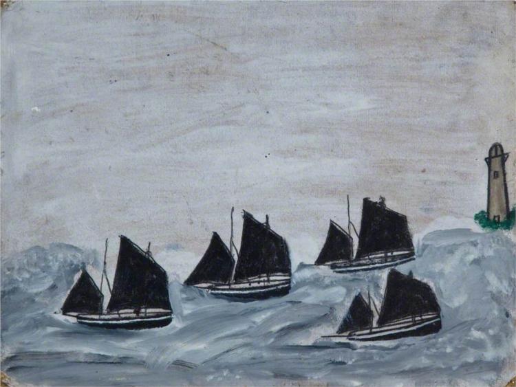 Four Boats by a Lighthouse - Alfred Wallis