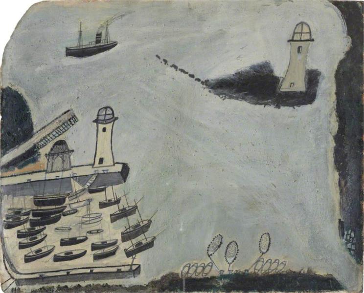 Harbour with Two Lighthouses and Motor Vessel, St Ives Bay, 1934 - Alfred Wallis