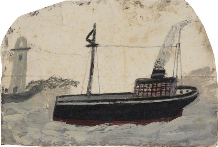 Small Black Steamer with Lighthouse - Alfred Wallis