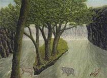Animals Crossing a Flooded River with a Distant Waterfall - Andre Bauchant