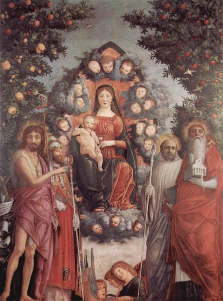 Мадонна зі святими св. Іваном Хрестителем, св. Григорієм І Великим, св. Бенедиктом, 1490 - 1506 - Андреа Мантенья