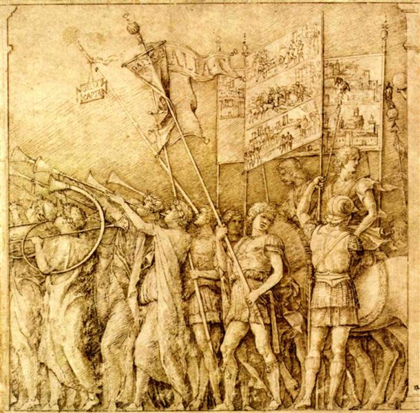 Trumpeters, carrying flags and banners, 1475 - 1500 - Andrea Mantegna