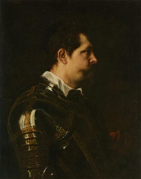 Portrait of a Military Commander bust length in Profile in Damascened armour with white colland red sash - Anthony van Dyck