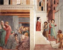 Birth of St. Francis, Prophecy of the Birth by a Pilgrim, Homage of the Simple Man - Benozzo Gozzoli